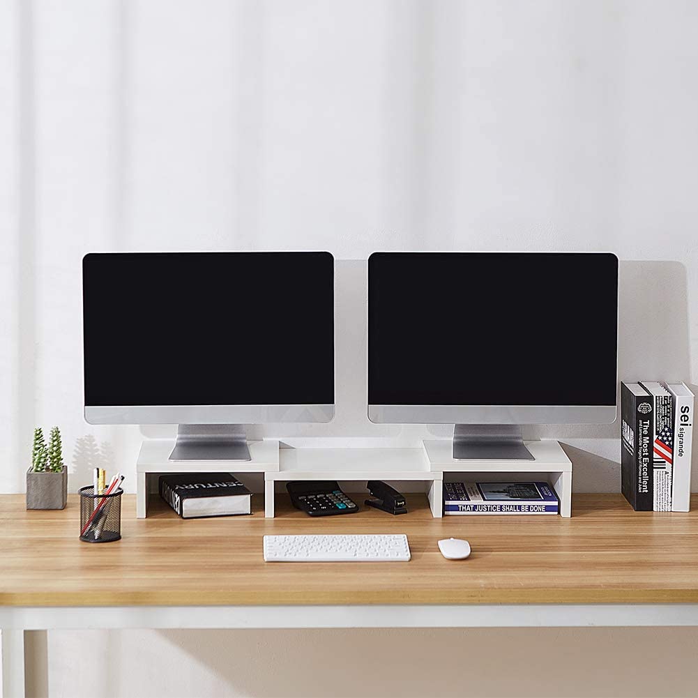 Dual Monitor Stand Riser with Storage Shelves - White