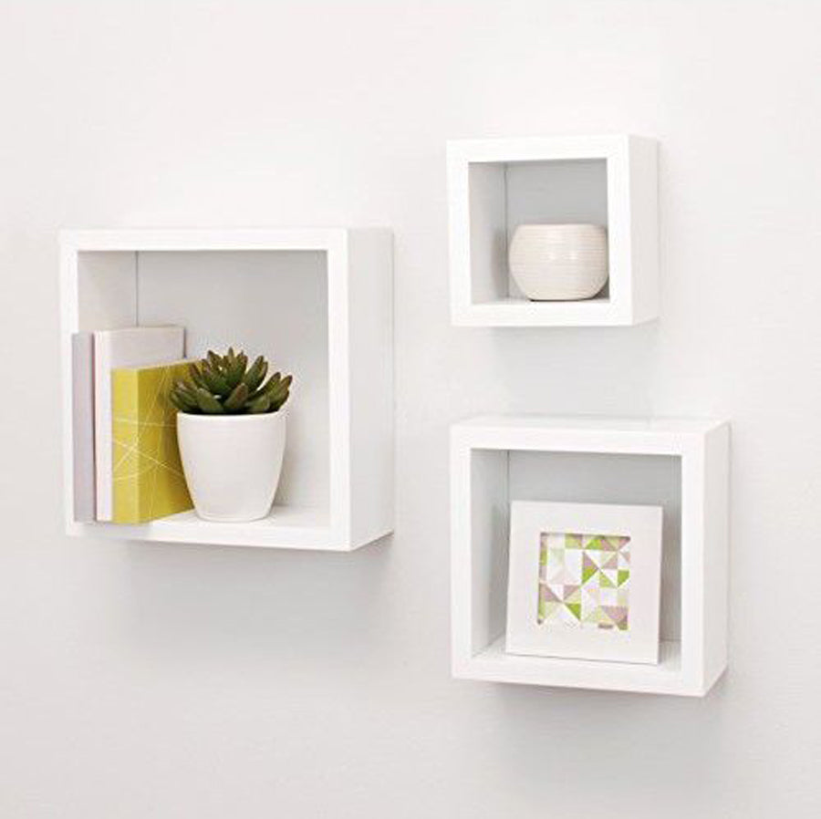 Set of 3 Wall-Mounted Square Floating Shelves - Modern Cube Display