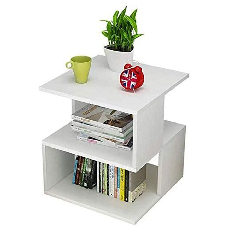 Modern Bedside Table with Storage Shelves - White