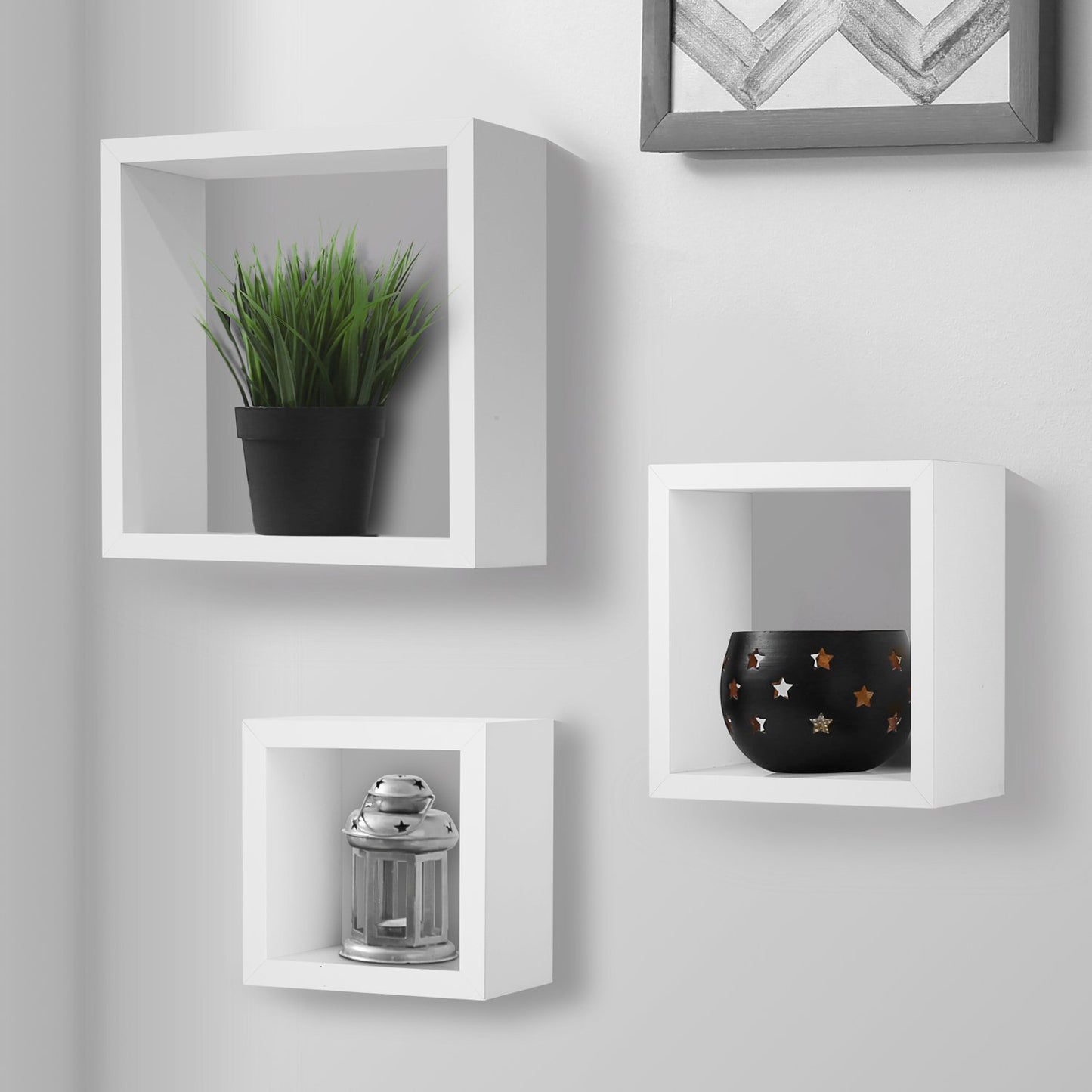 Set of 3 Wall-Mounted Square Floating Shelves - Modern Cube Display