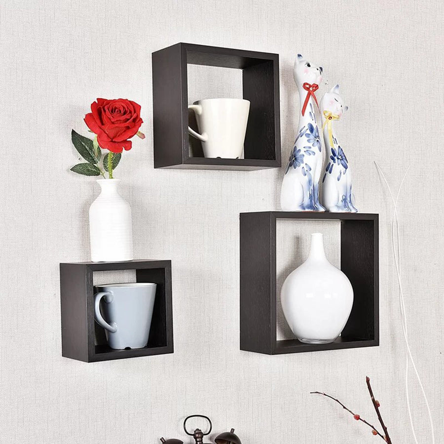 Set of 3 Wall-Mounted Square Floating Shelves - Modern Cube Display