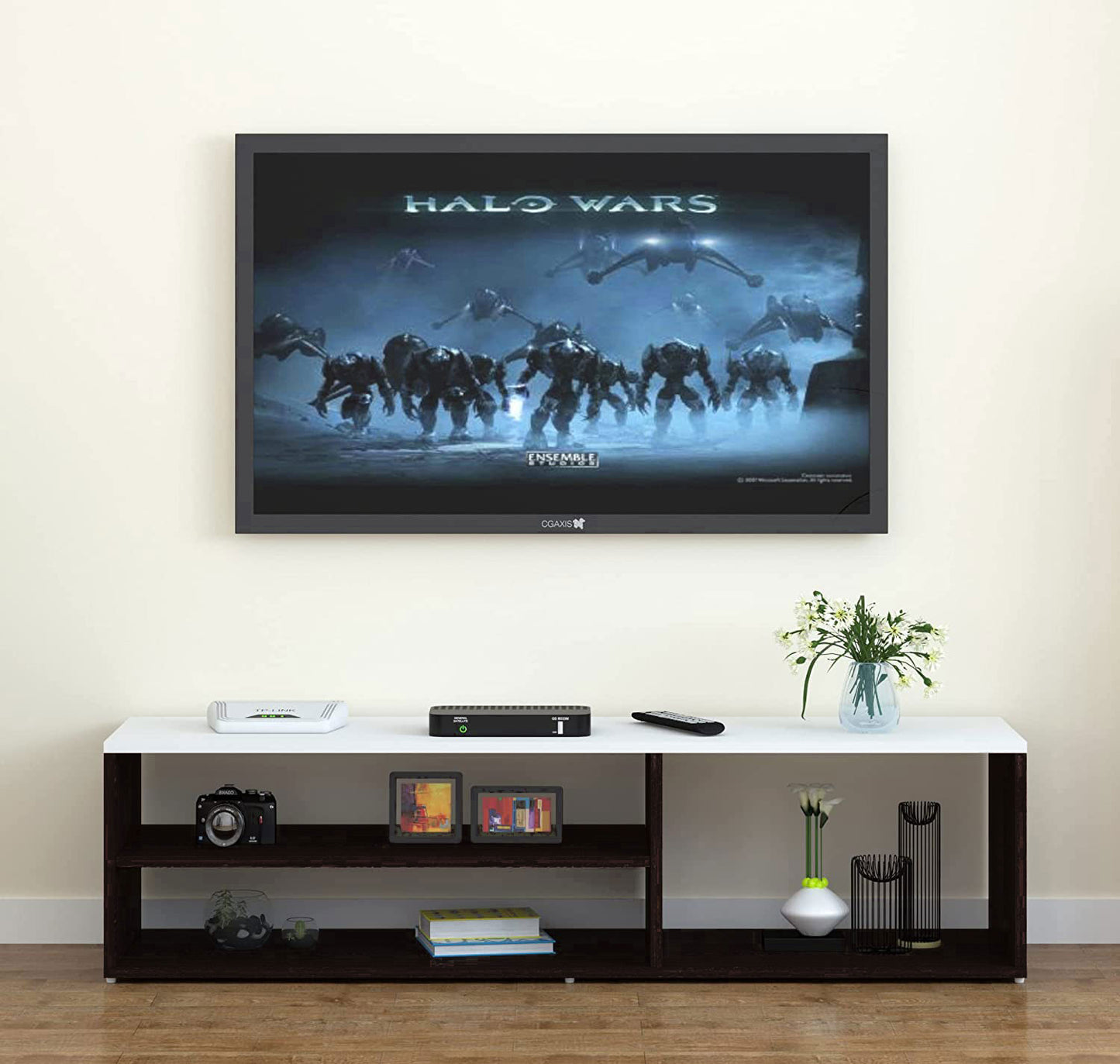 TV unit modern design with 1 side cabinets and 2 storage racks