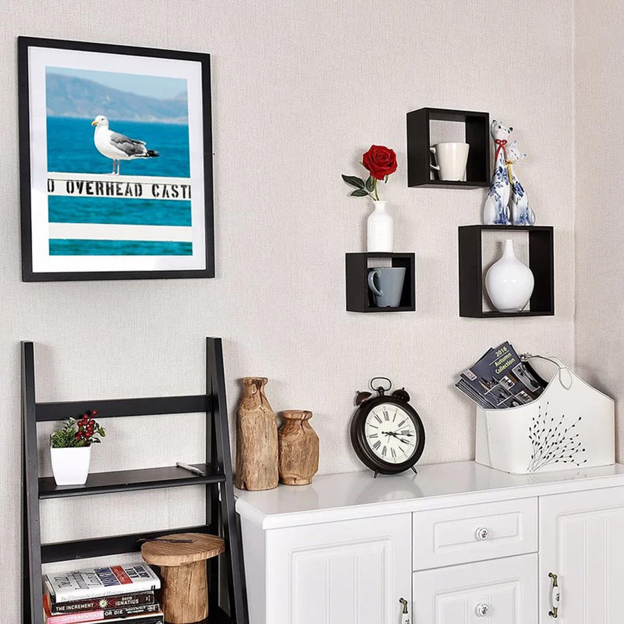 Set of 3 Wall-Mounted Square Floating Shelves - Modern Cube Display