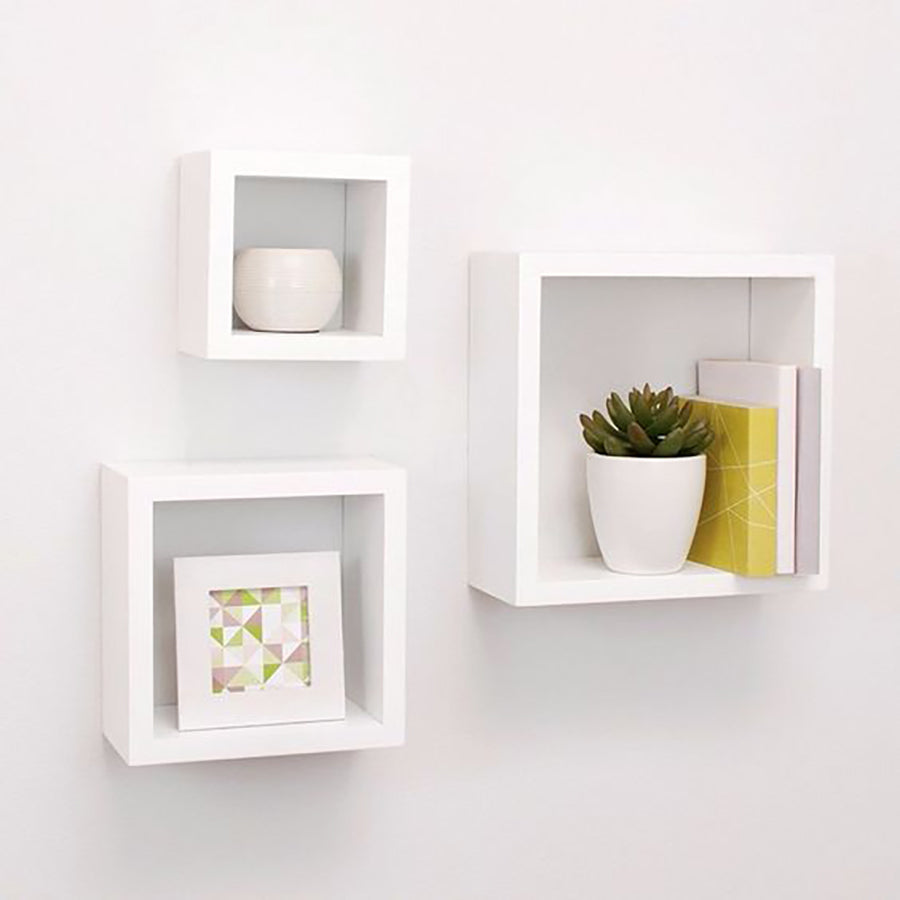 Set of 3 Wall-Mounted Square Floating Shelves - Modern Cube Display