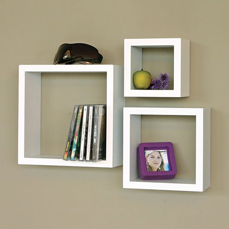 Set of 3 Wall-Mounted Square Floating Shelves - Modern Cube Display