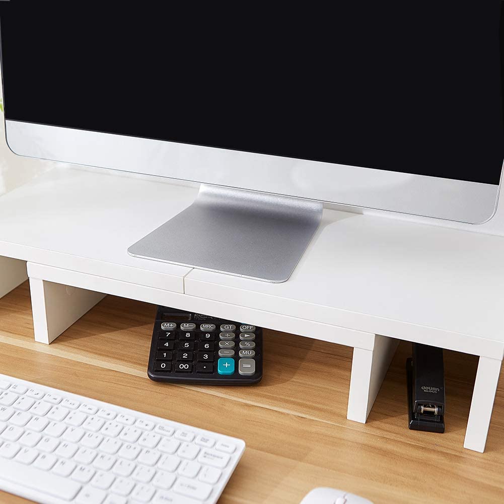 Dual Monitor Stand Riser with Storage Shelves - White