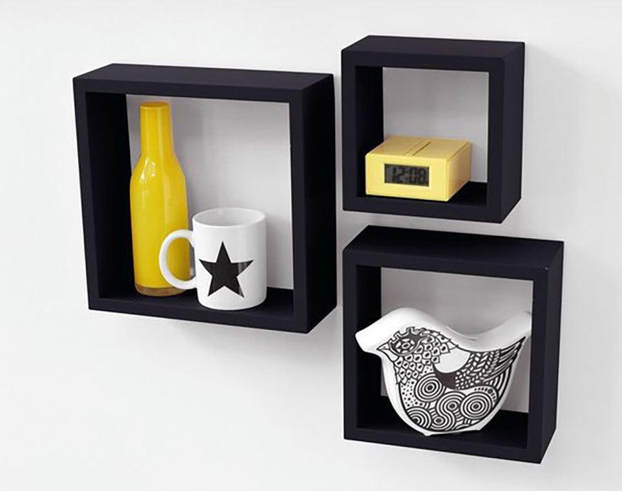 Set of 3 Wall-Mounted Square Floating Shelves - Modern Cube Display