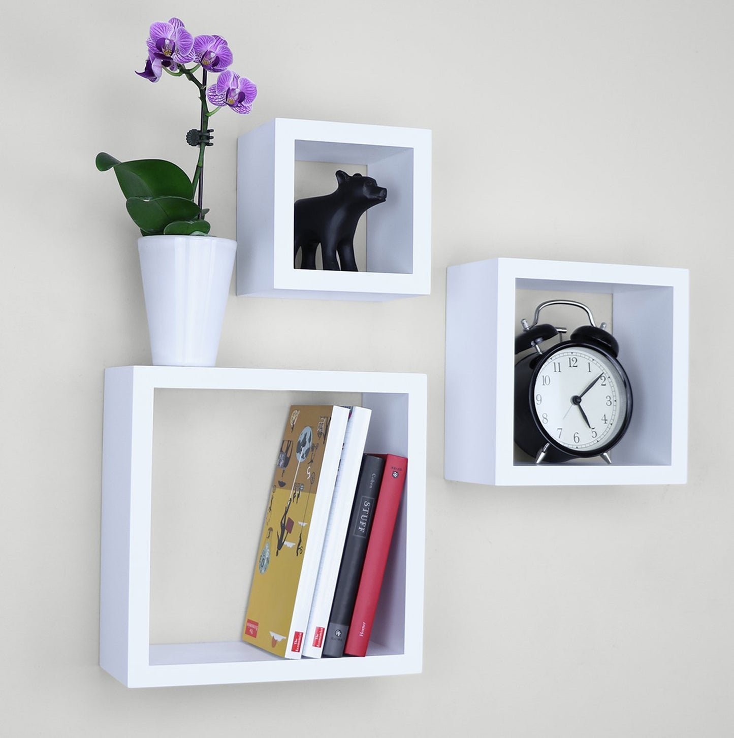 Set of 3 Wall-Mounted Square Floating Shelves - Modern Cube Display
