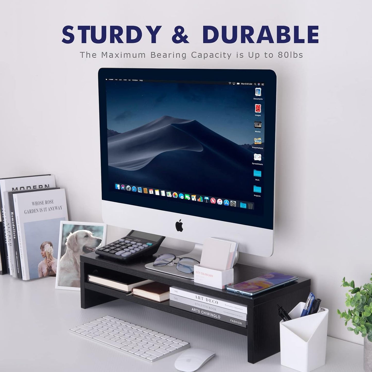Compact Monitor Stand Riser with Storage Shelf - Black