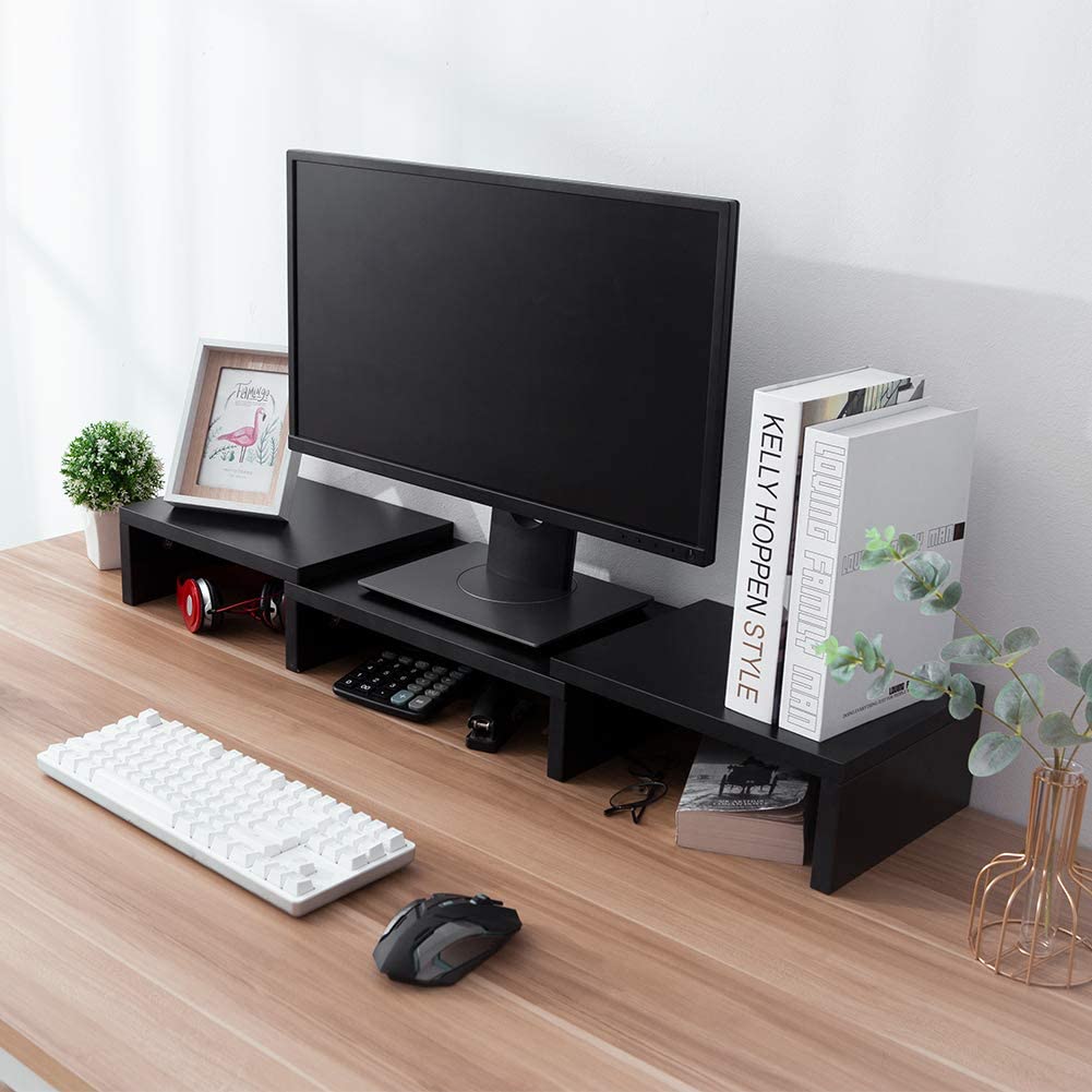 Dual Monitor Stand Riser with Storage Shelves - Black