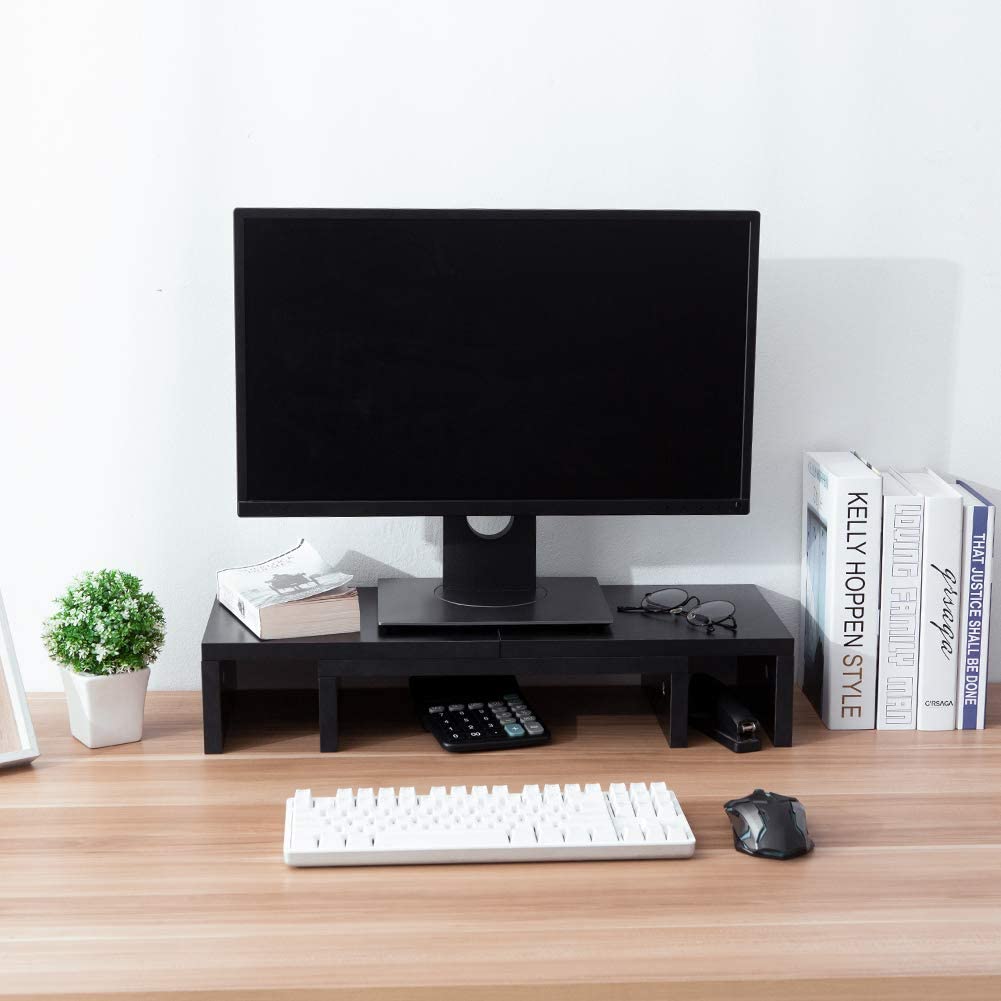 Dual Monitor Stand Riser with Storage Shelves - Black