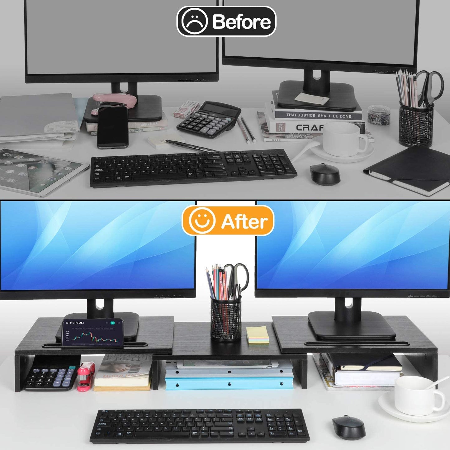 Dual Monitor Stand Riser with Storage Shelves - Black