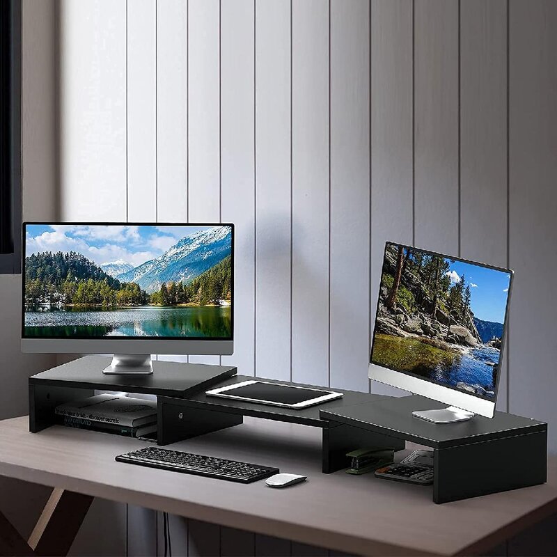 Dual Monitor Stand Riser with Storage Shelves - Black