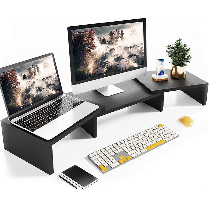 Dual Monitor Stand Riser with Storage Shelves - Black