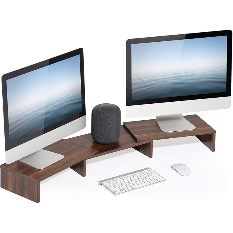 Dual Monitor Stand Riser with Storage Shelves - Brown