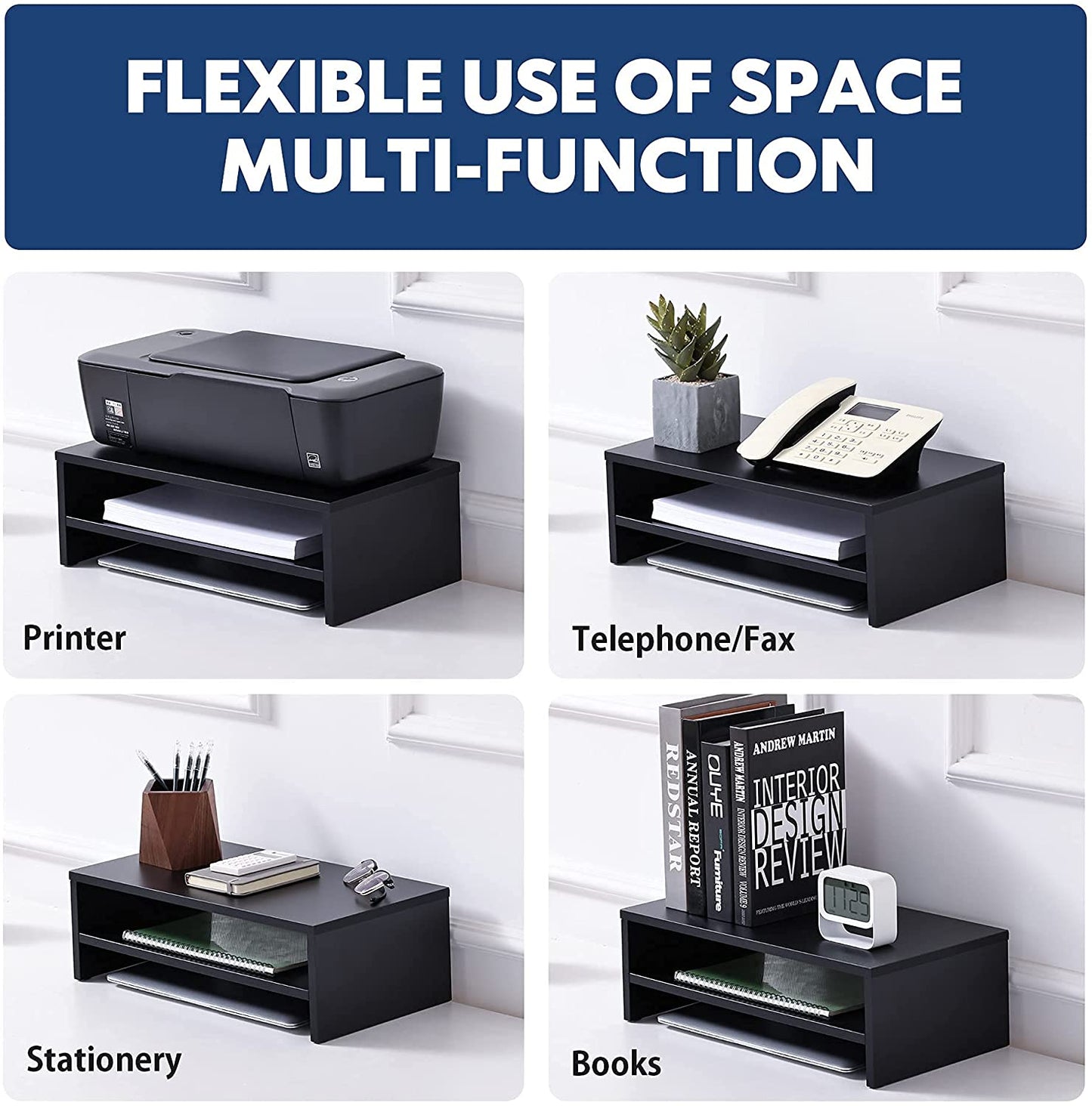 Compact Monitor Stand Riser with Storage Shelf - Black