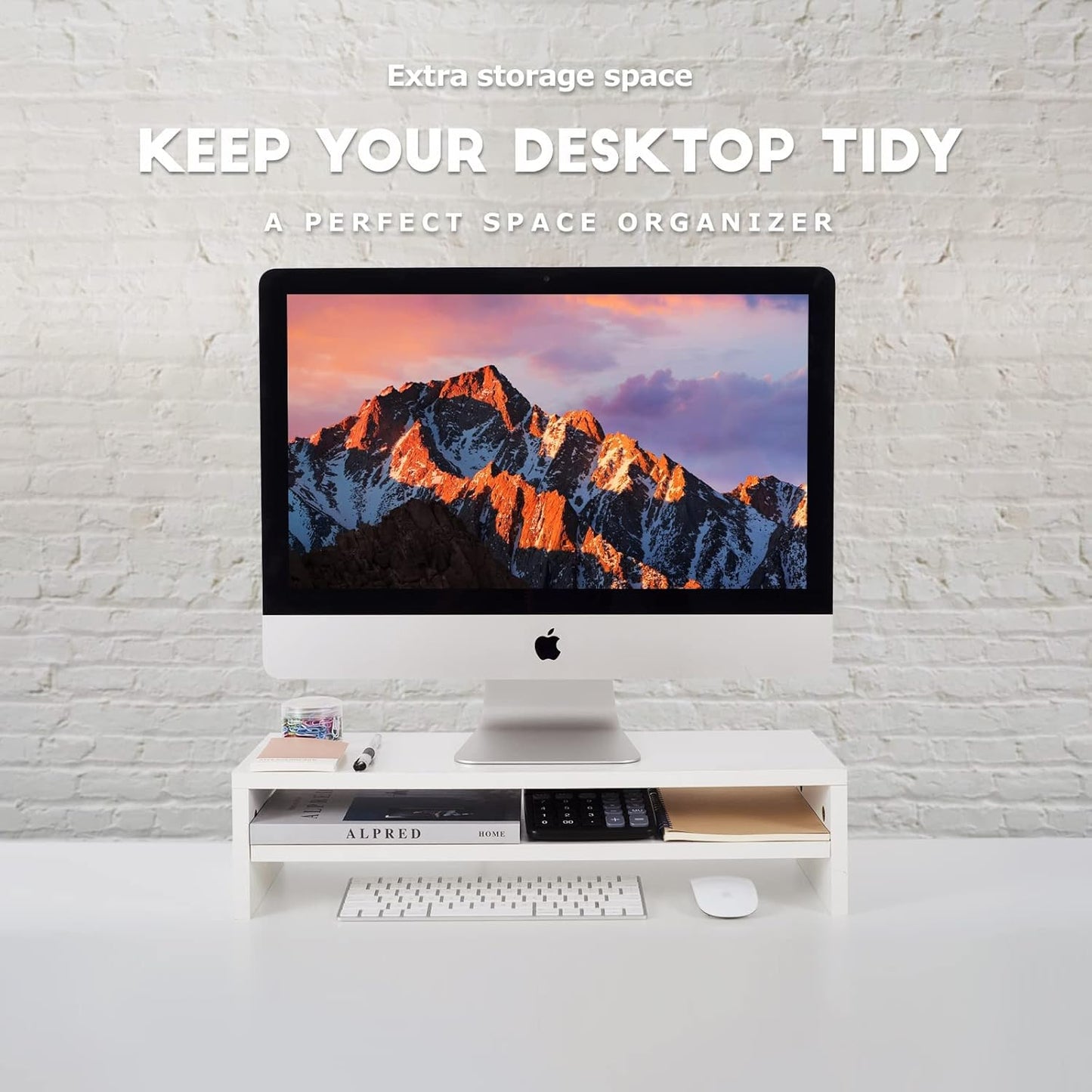 Compact Monitor Stand Riser with Storage Shelf - White