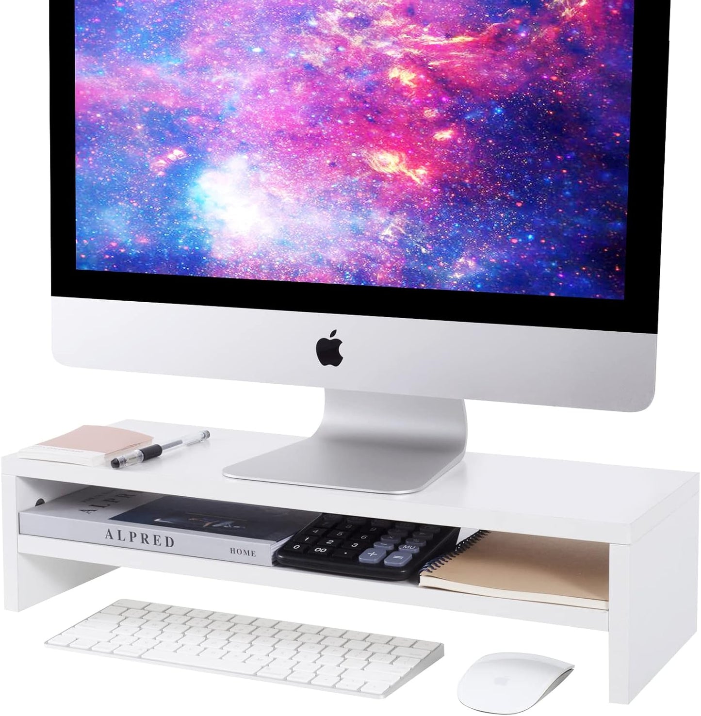 Compact Monitor Stand Riser with Storage Shelf - White