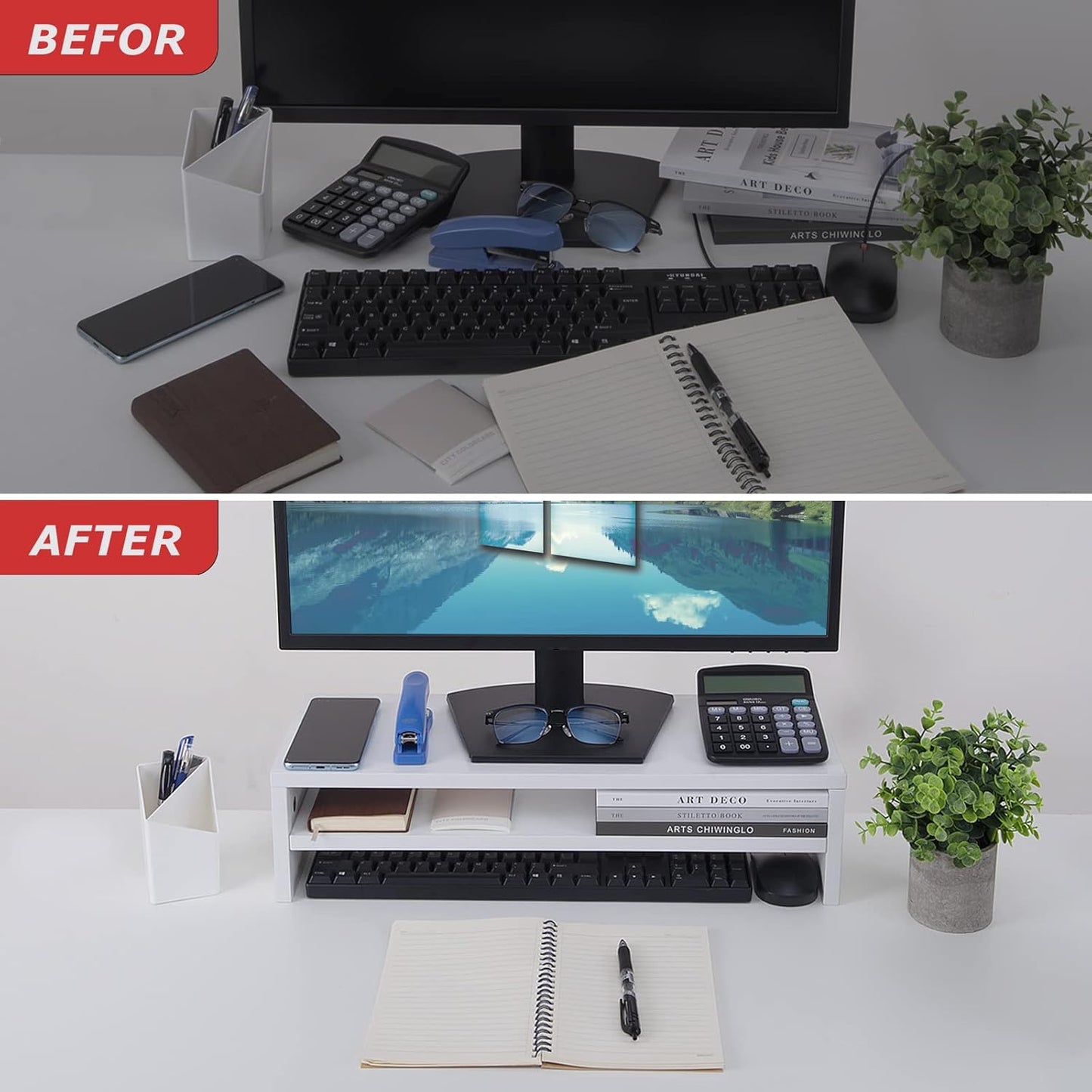 Compact Monitor Stand Riser with Storage Shelf - White