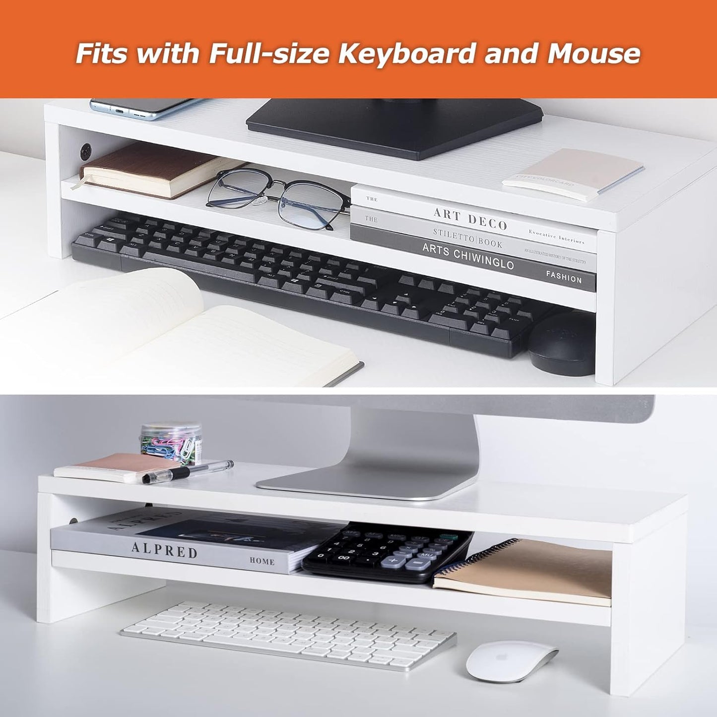 Compact Monitor Stand Riser with Storage Shelf - White