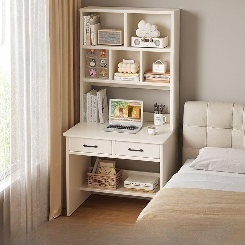 Modern Home compact off-white study desk with integrated hutch, shelving, and two drawers in a bedroom setting.