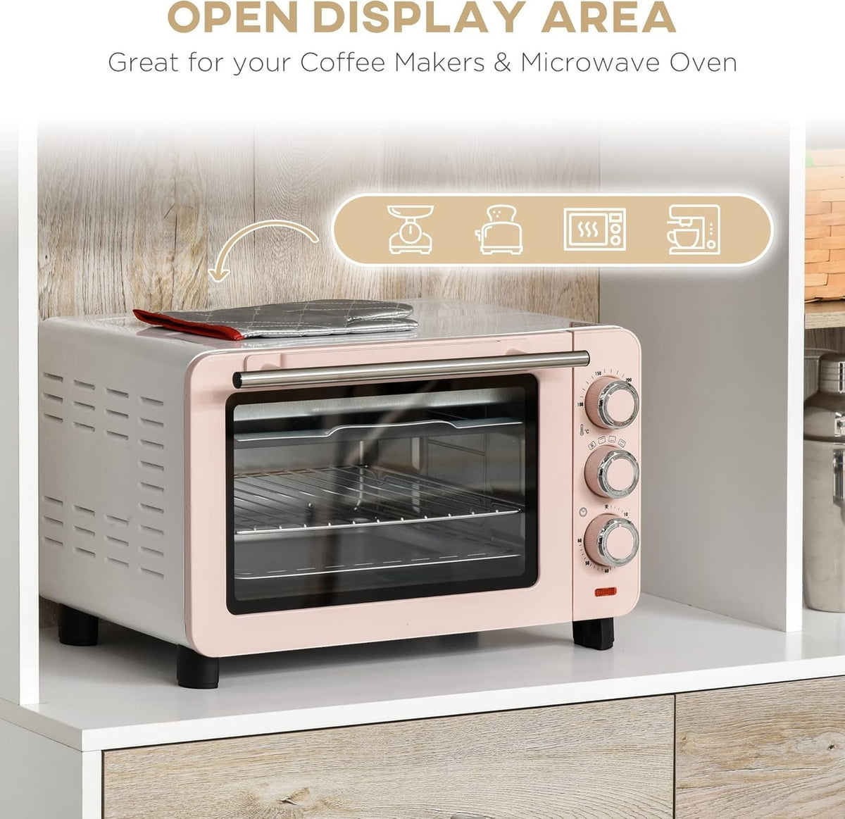Modern Home kitchen pantry cabinet open display shelf holding a pink toaster oven with icons for small appliances.