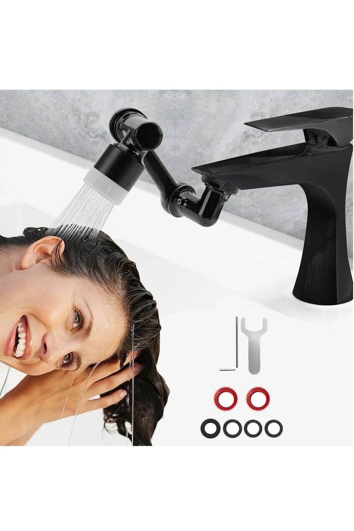 Modern Home black 1080-degree rotating faucet extender spraying water on a woman washing her hair in a bathroom sink