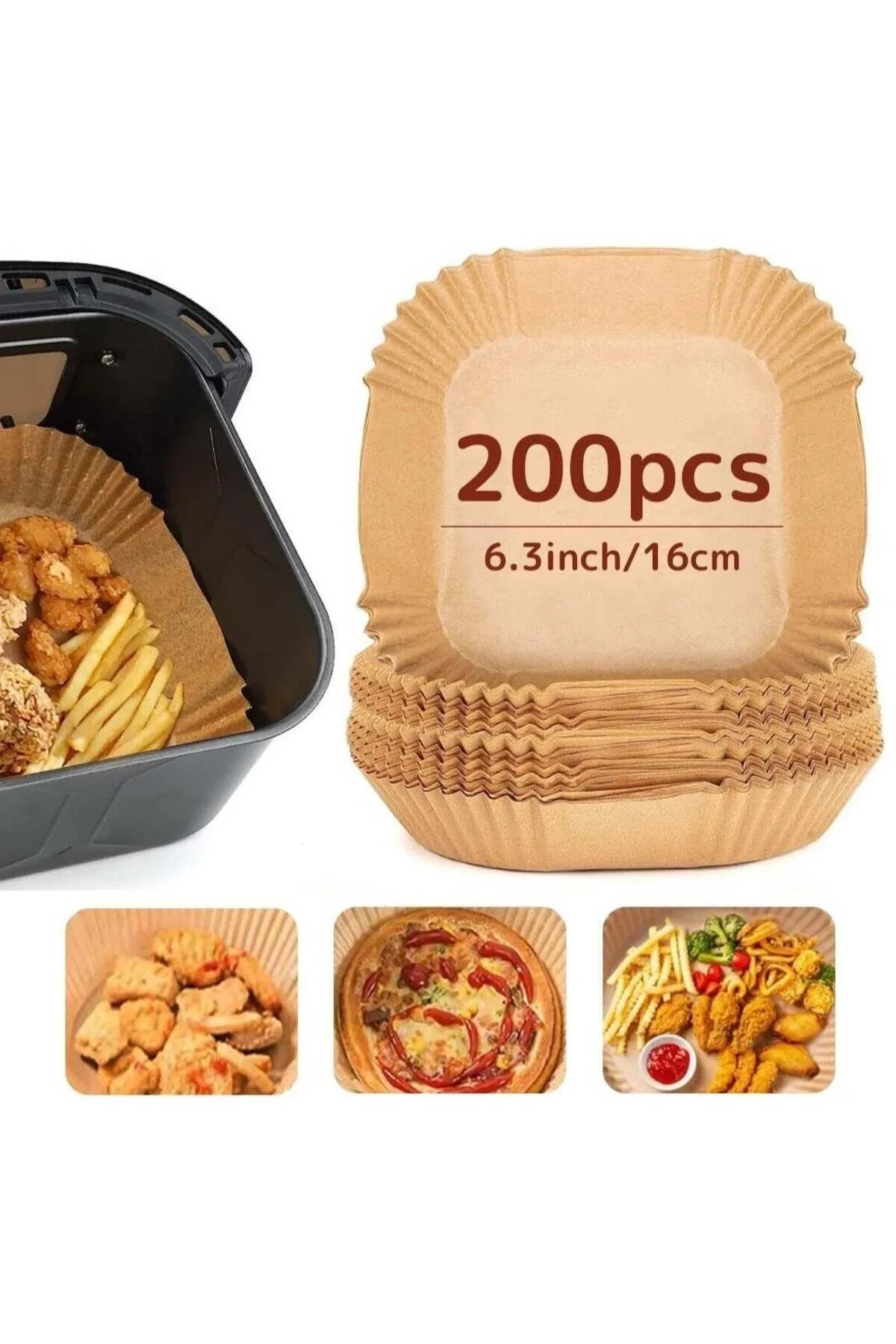 Modern Home 200-pack of 6.3-inch square parchment paper liners for air fryers, shown with food and in a fryer basket.