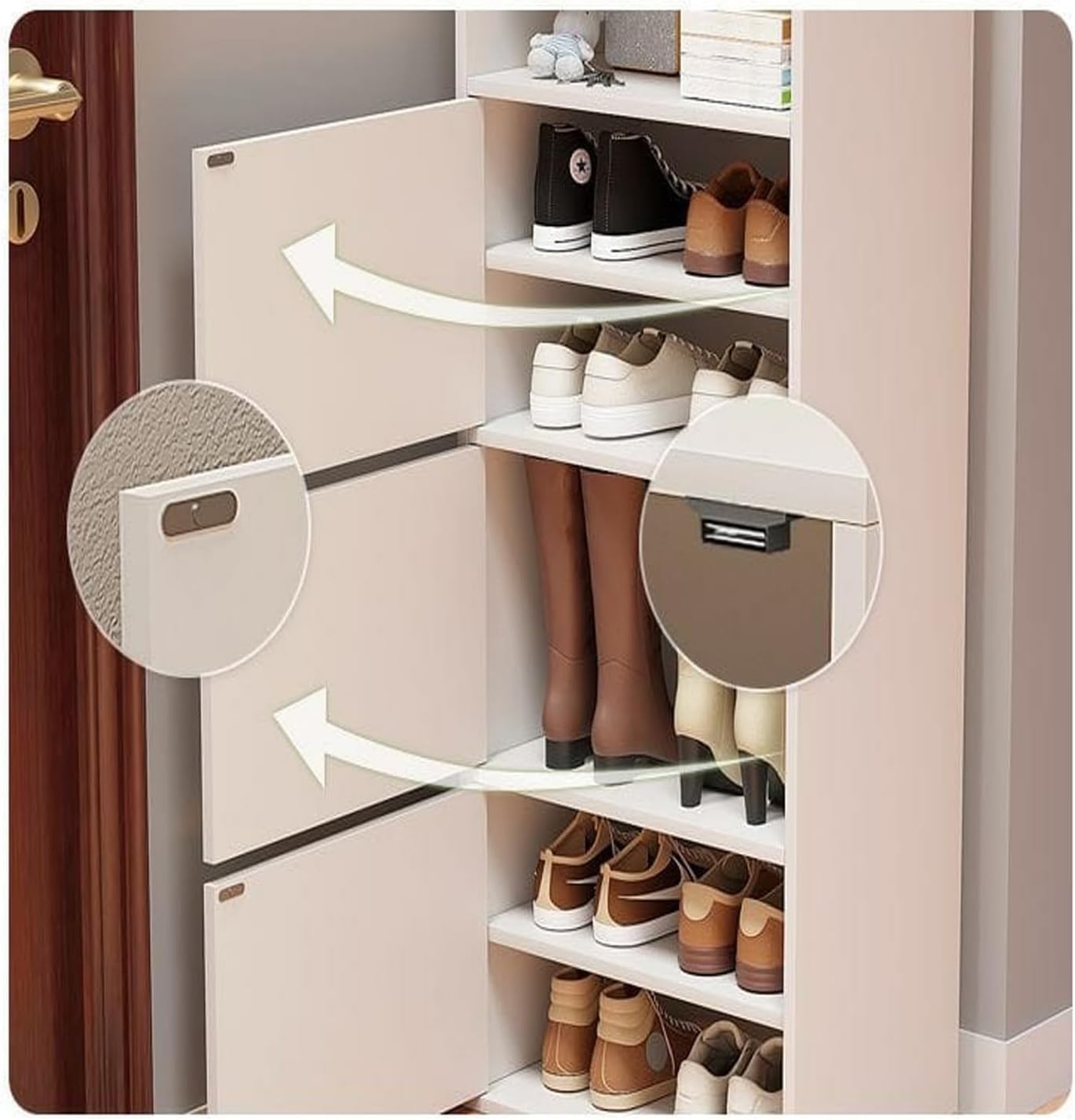 Modern Home tall white vertical shoe storage cabinet with magnetic doors and multiple shelves for boots and sneakers.