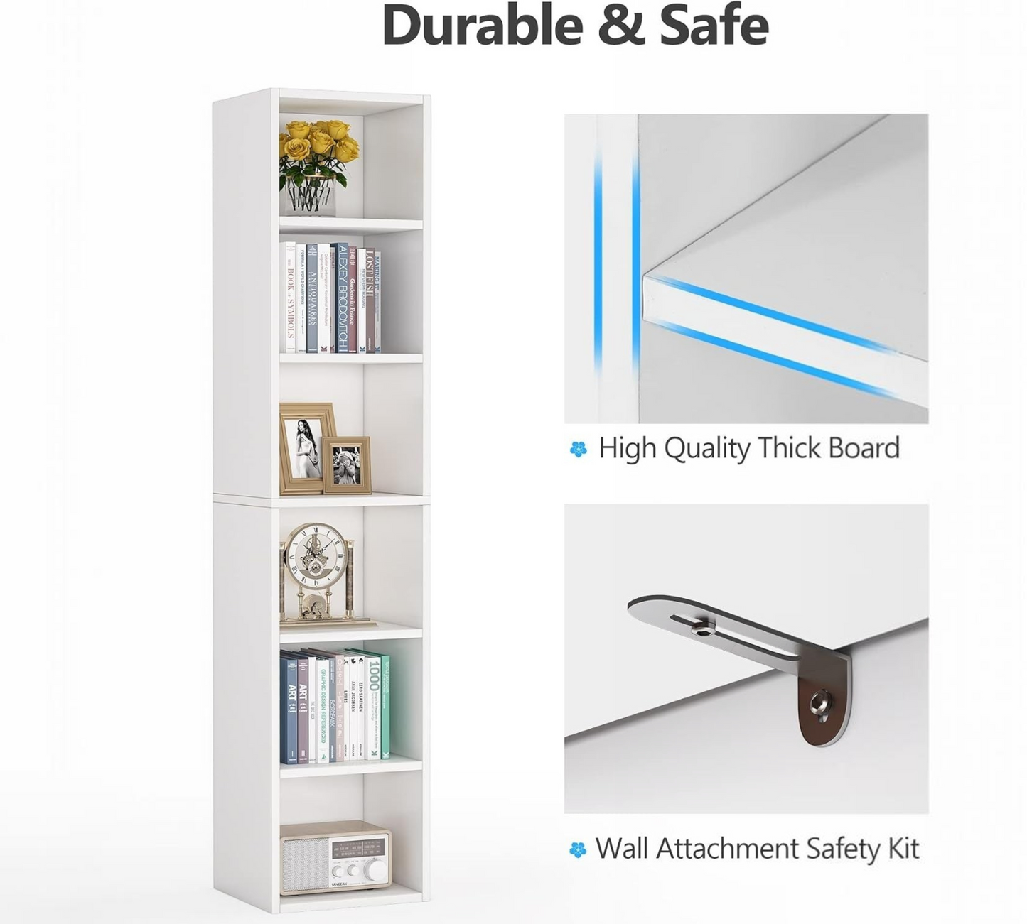 Modern Home tall white 6-tier vertical bookcase with thick boards and a wall attachment safety kit for stability.