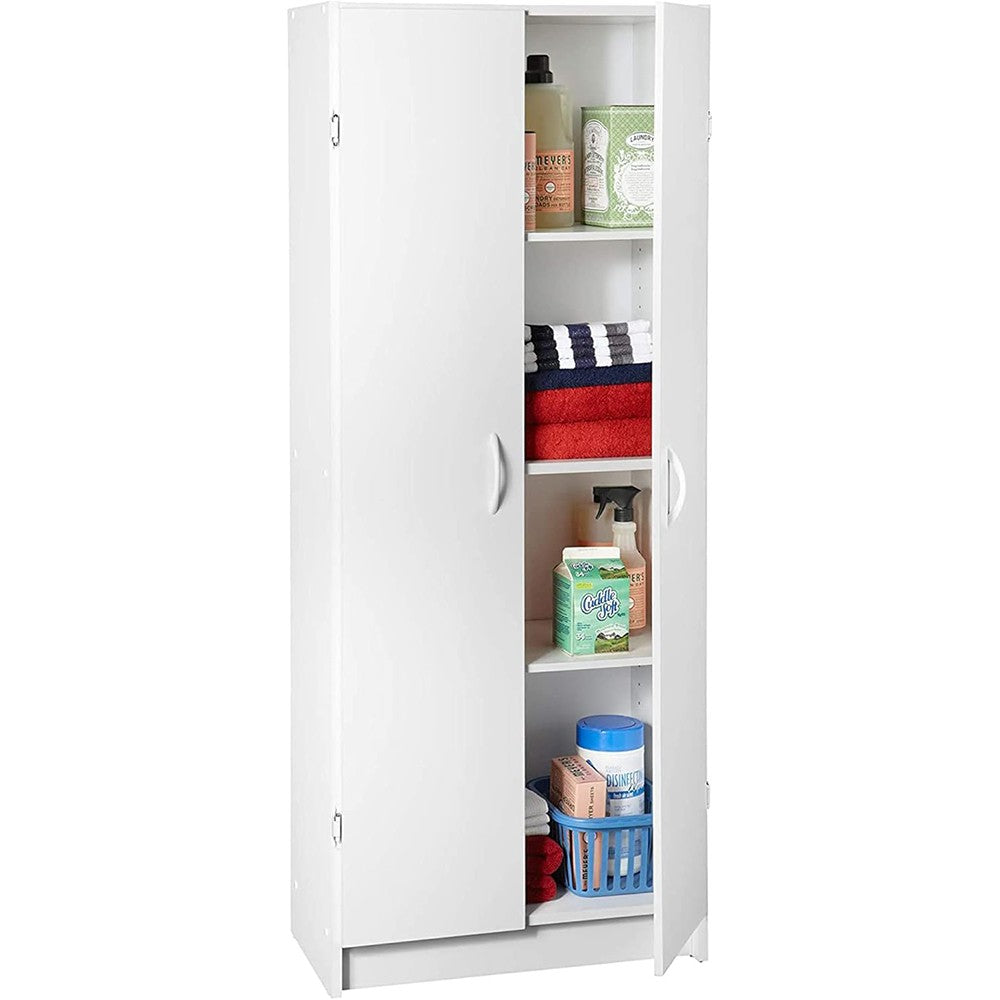 Modern Home tall white two-door utility storage cabinet with interior shelves holding laundry and cleaning supplies.