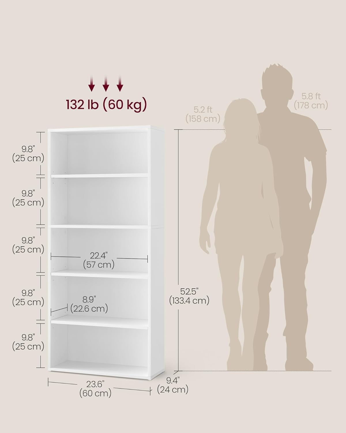Modern Home white 5-tier tall storage bookcase with dimensions and weight capacity shown next to human silhouettes.