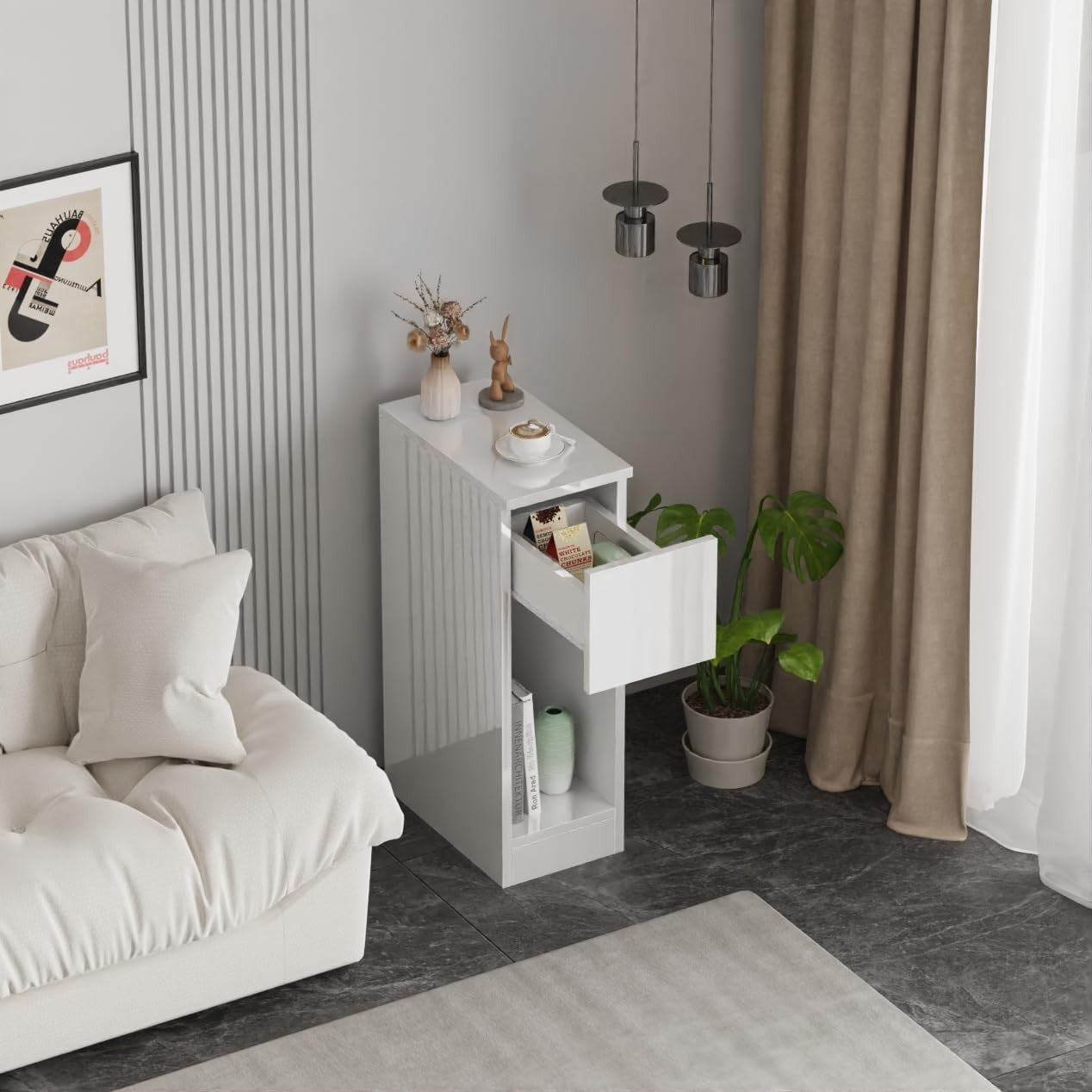Modern Home white narrow bedside table with an open drawer and bottom shelf in a minimalist living room setting.