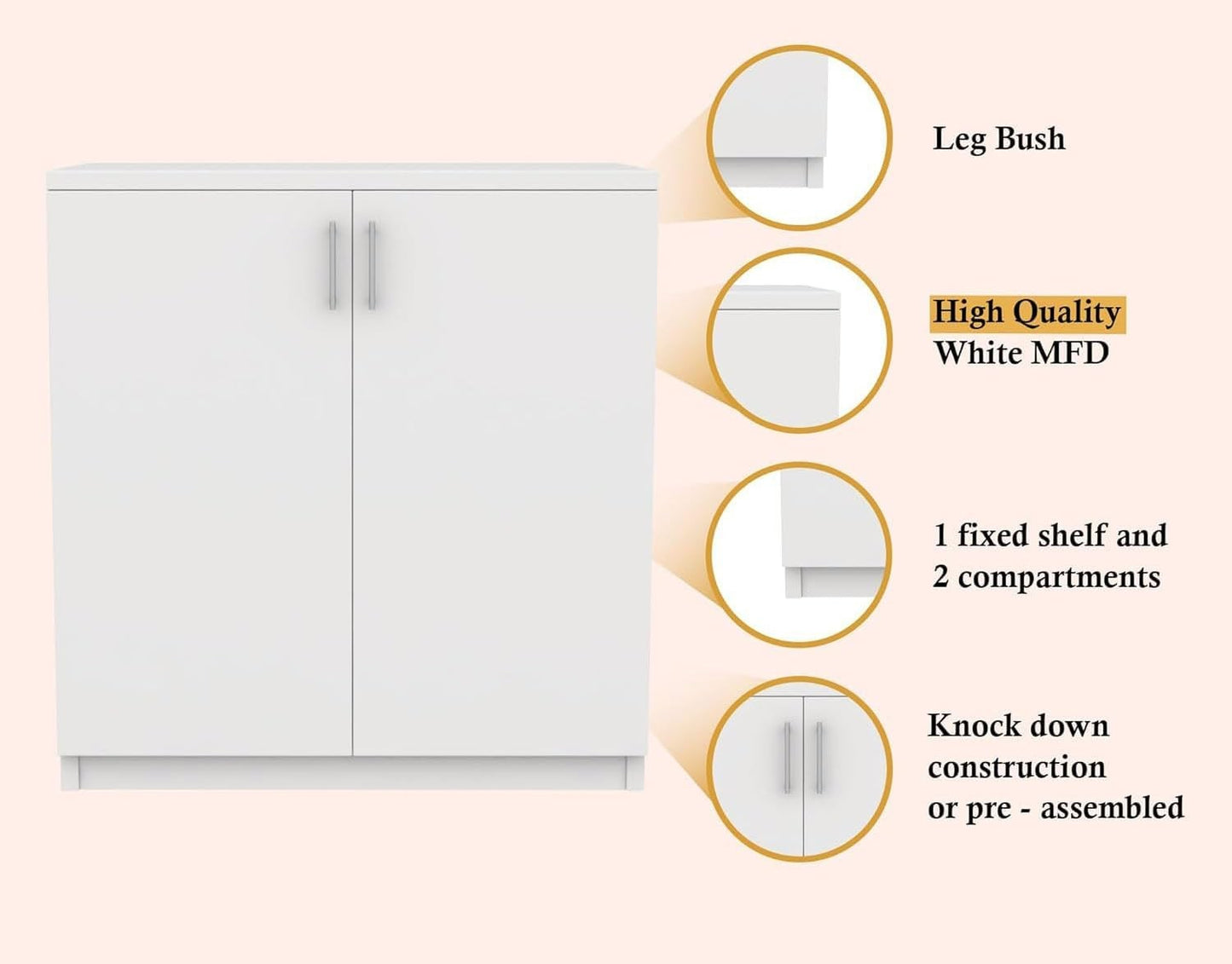 Modern Home white two-door storage cabinet with interior shelf and minimalist design for home or office organization.