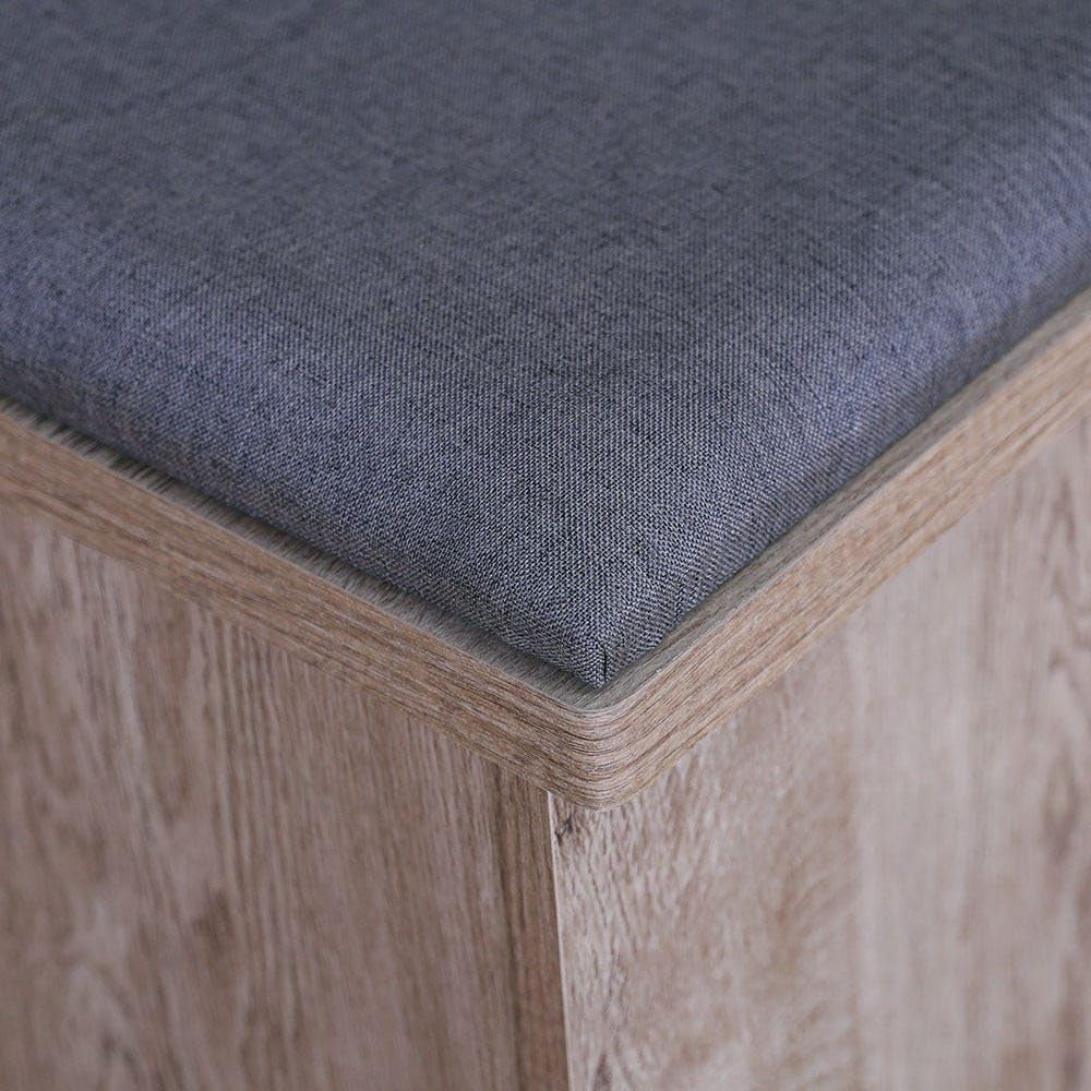 Modern Home entryway shoe storage bench with light wood-grain finish and grey upholstered seat cushion