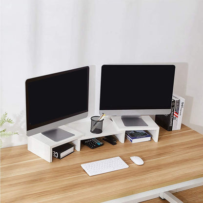 Dual Monitor Stand Riser with Storage Shelves - White