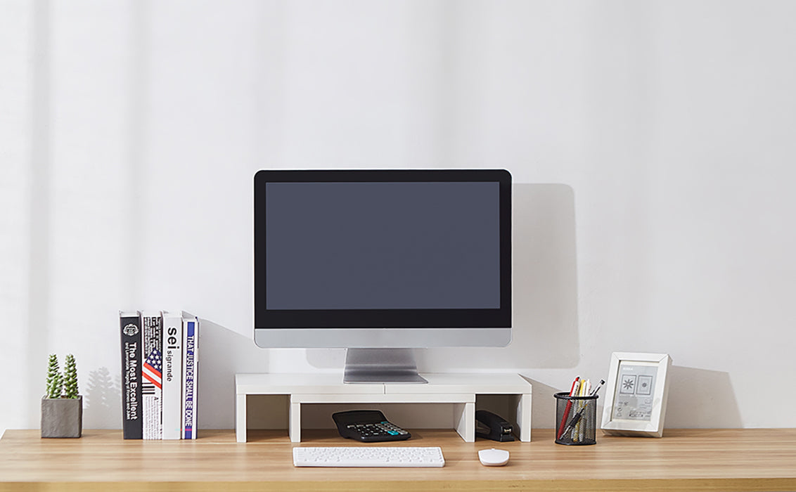 Dual Monitor Stand Riser with Storage Shelves - White