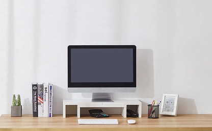 Dual Monitor Stand Riser with Storage Shelves - White