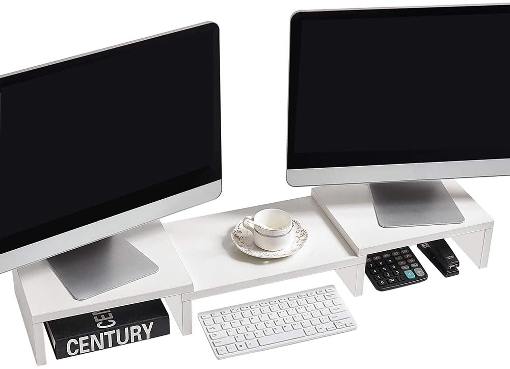 Dual Monitor Stand Riser with Storage Shelves - White