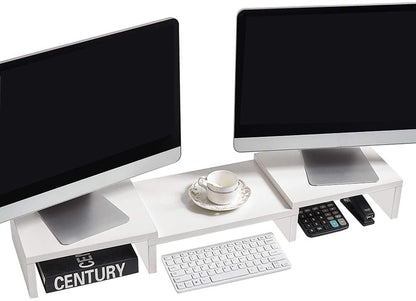 Dual Monitor Stand Riser with Storage Shelves - White