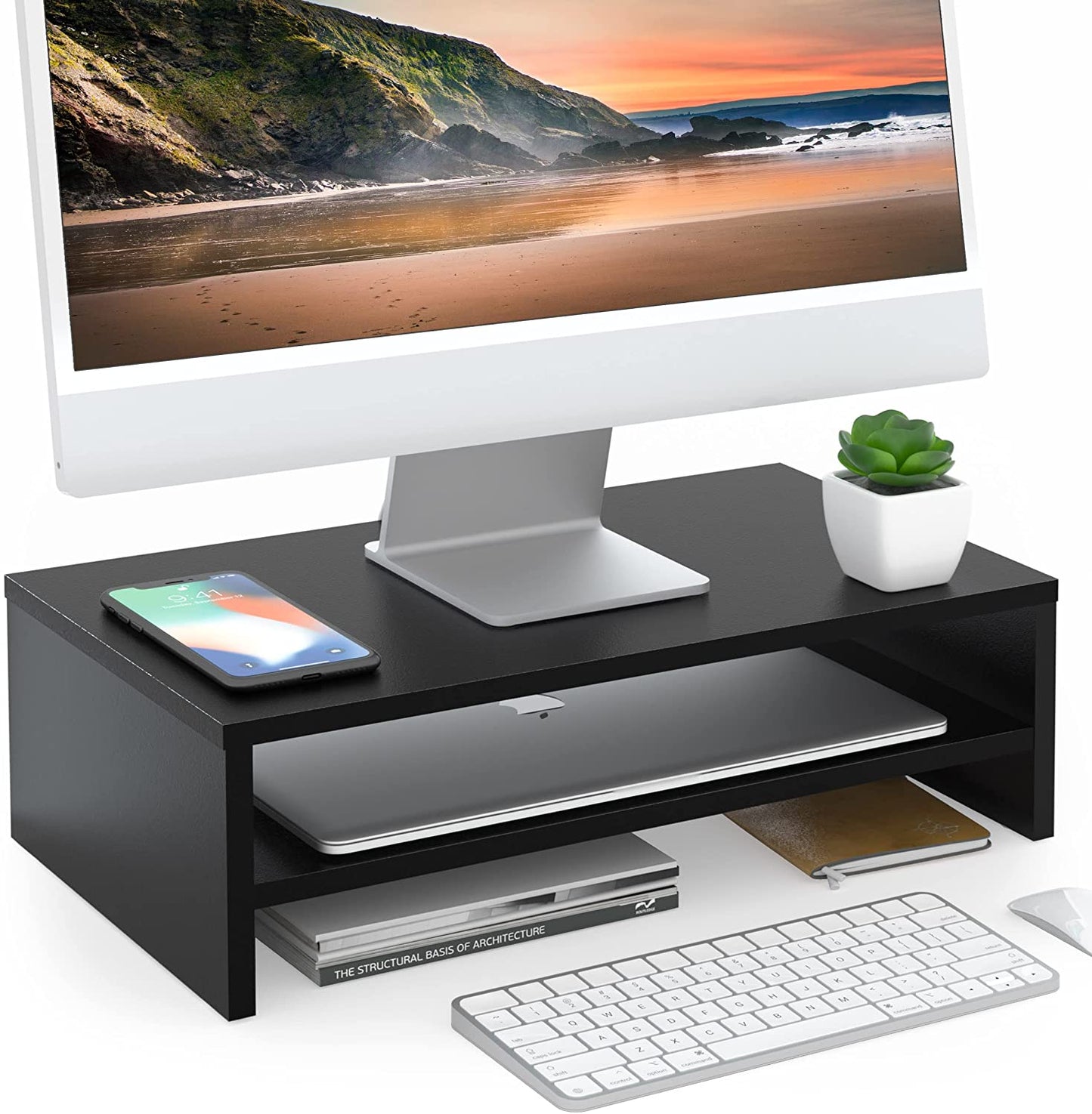 Compact Monitor Stand Riser with Storage Shelf - Black