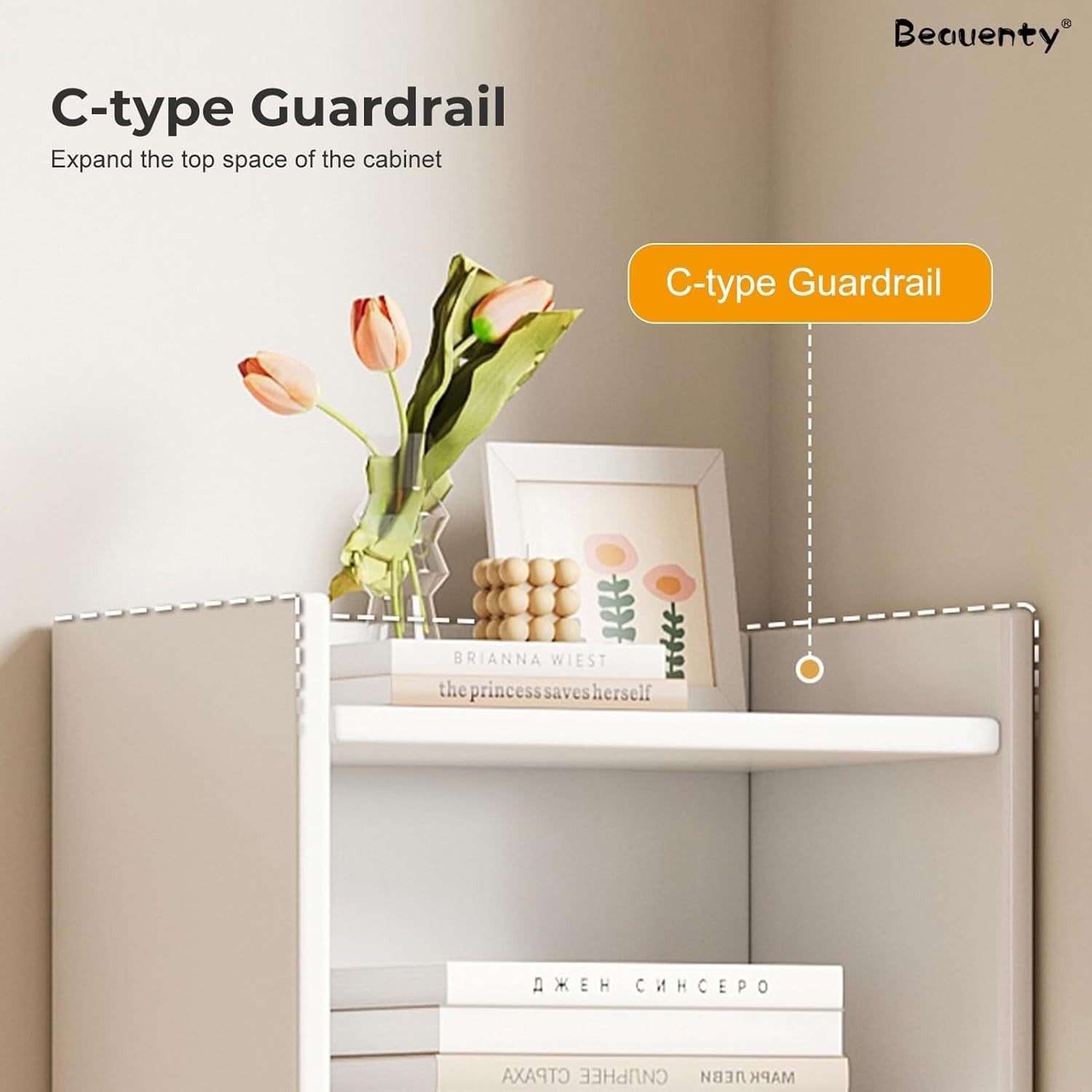 Modern Home Beauenty white 3-tier bookshelf top shelf with C-type guardrail, holding books and a vase of tulips.