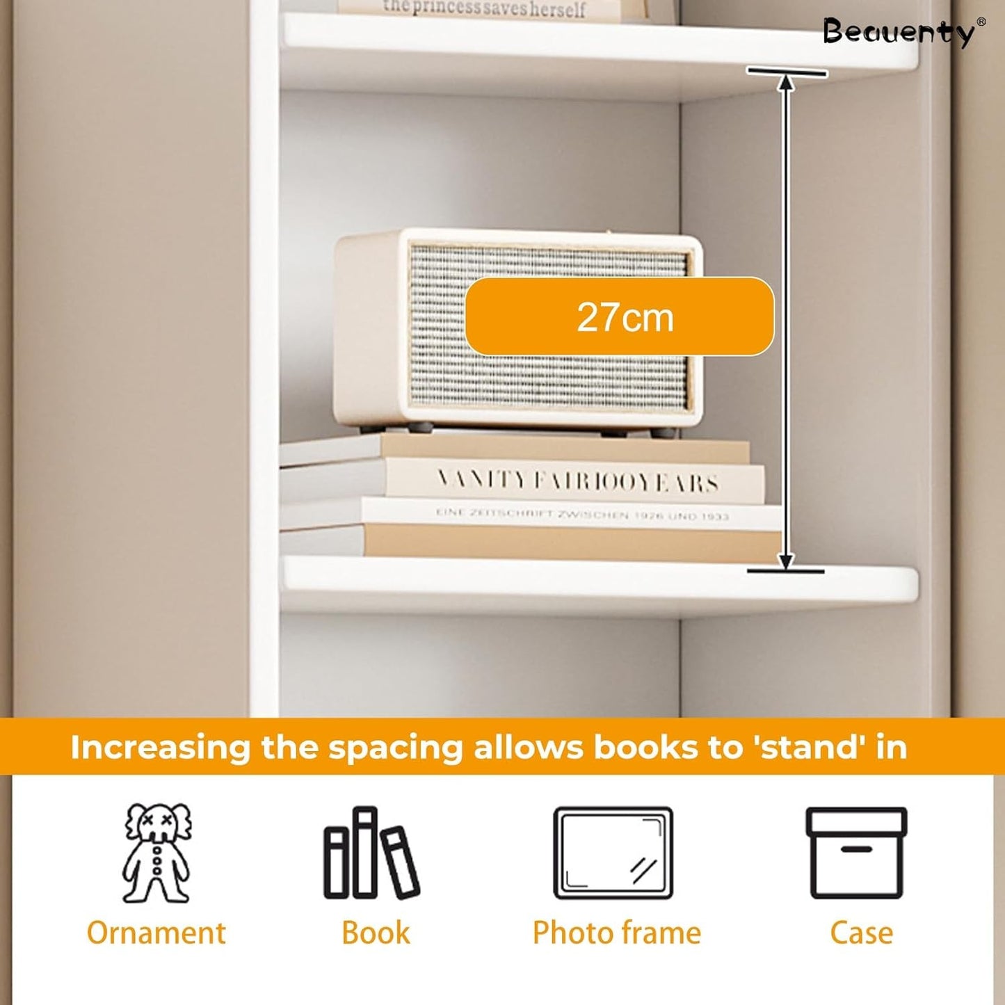 Modern Home Beauenty white 3-tier narrow bookshelf with 27cm shelf spacing for books and decor