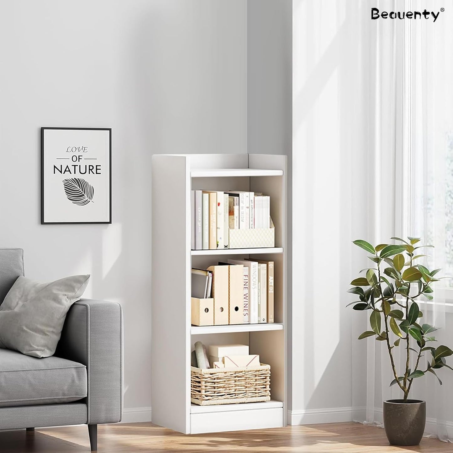 Modern Home Beauenty white 3-tier narrow standing bookshelf with C-type guardrail in a minimalist living room.