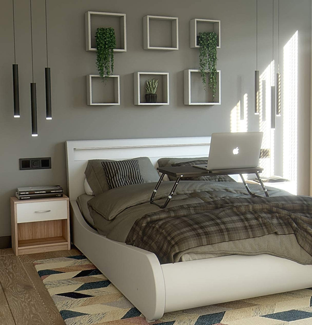 Modern Home bedside table with a white drawer and aluminum handle next to a bed in a contemporary bedroom.