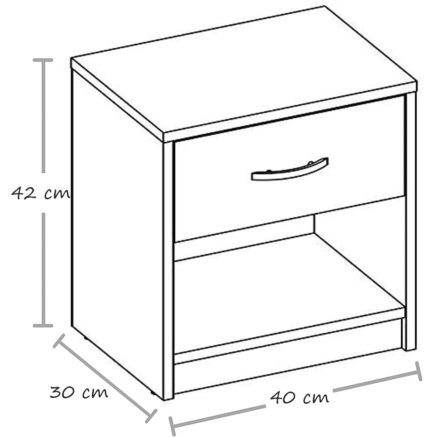 Modern Home bedside table with a drawer and open shelf, featuring an aluminum handle and 42cm height.