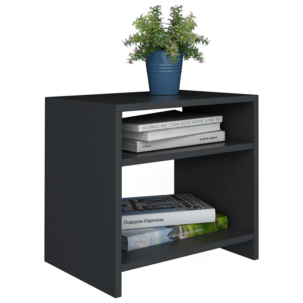 Modern Home black bedside table with two open shelves, featuring a potted plant and books on top.