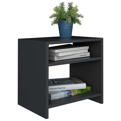 Modern Home black bedside table with two open shelves, featuring a potted plant and books on top.