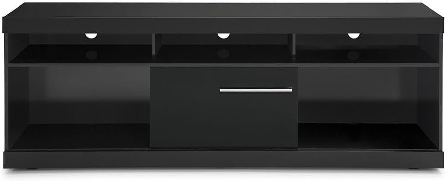 Modern Home black media console with open shelving, central cabinet, and cable management ports for a minimalist look.