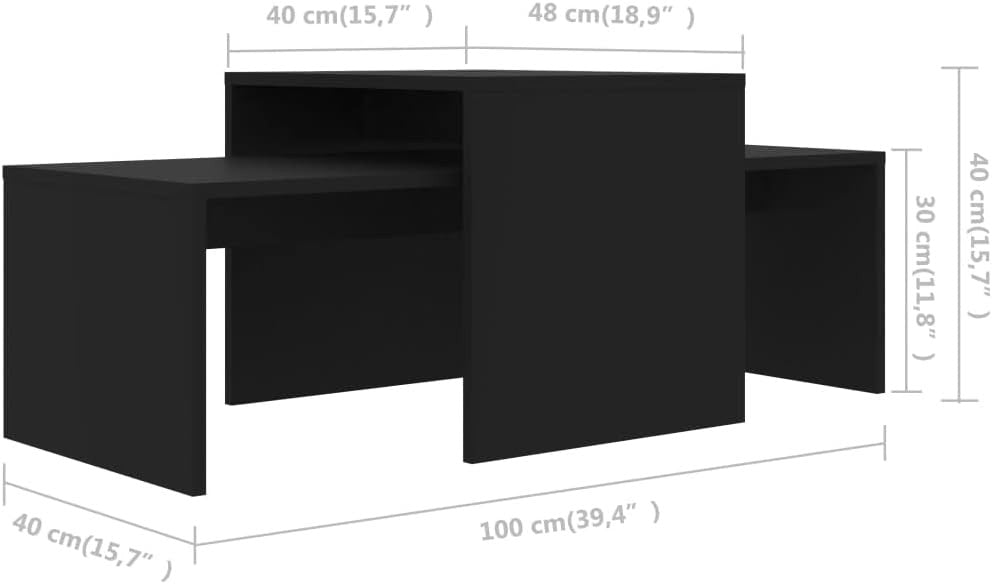 Modern Home black nesting coffee table set with minimalist geometric design and dimensions for living room decor.